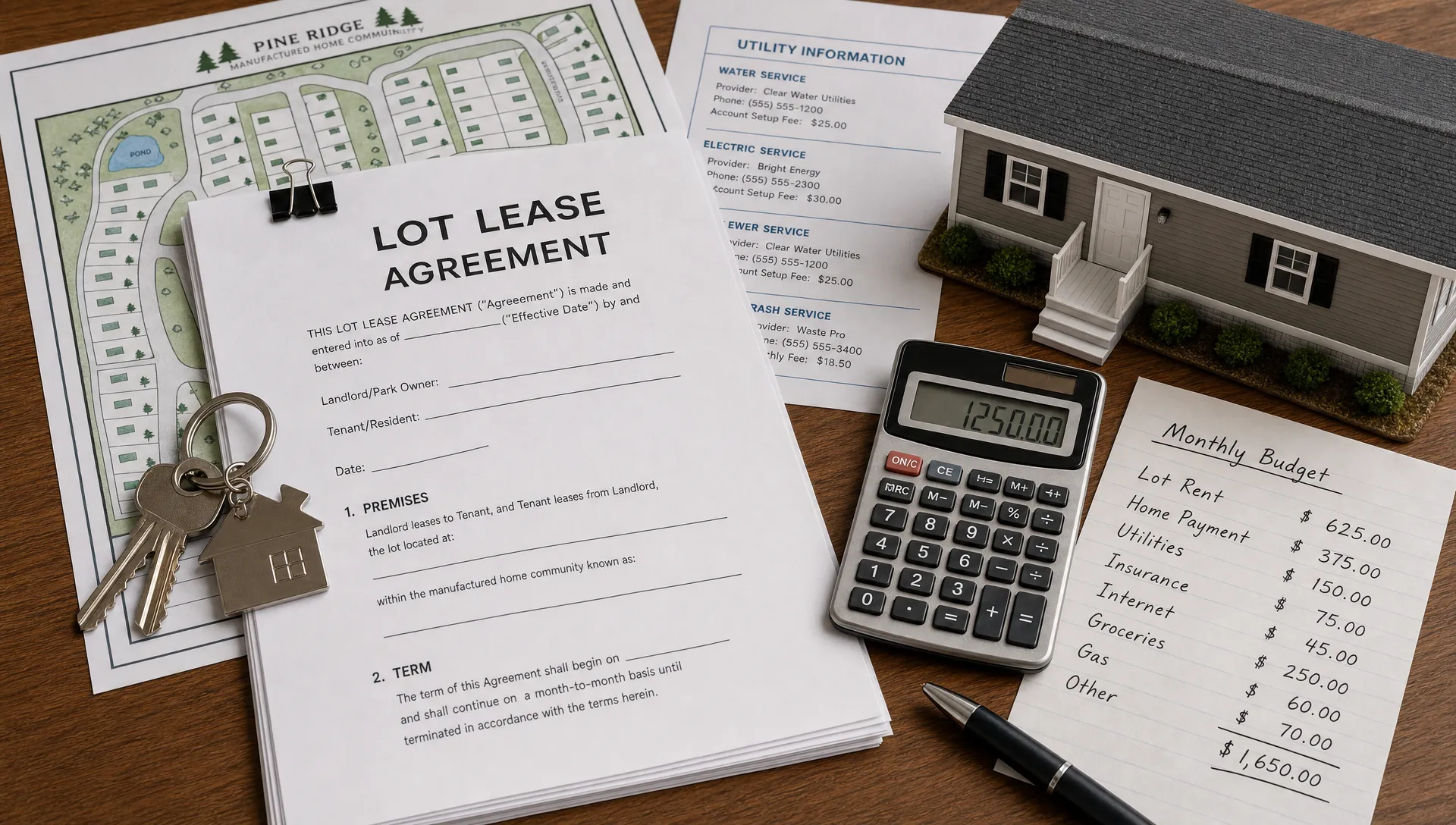 A lot lease packet, calculator, and home model sit beside a monthly budget sheet for buying a manufactured home in a park.