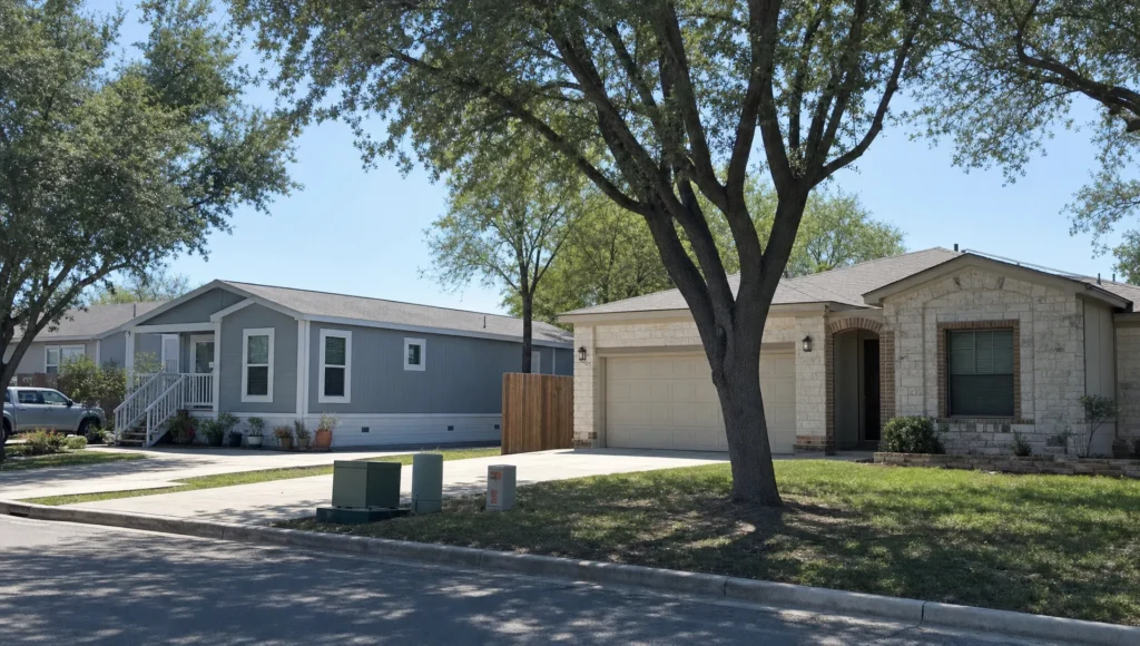 A manufactured home and a site-built house share a San Antonio street in a utility cost comparison.