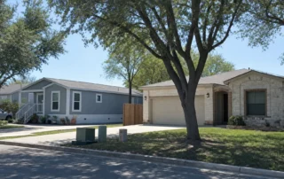 A manufactured home and a site-built house share a San Antonio street in a utility cost comparison.
