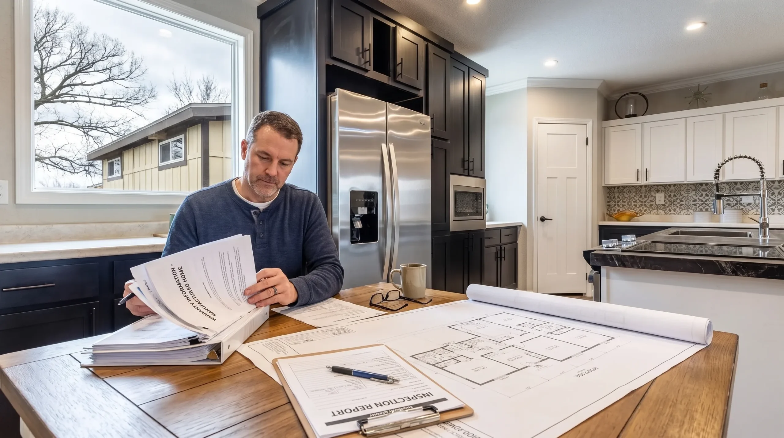 A manufactured home buyer reviews warranty papers, floor plans, and inspection notes at a kitchen table near a window.