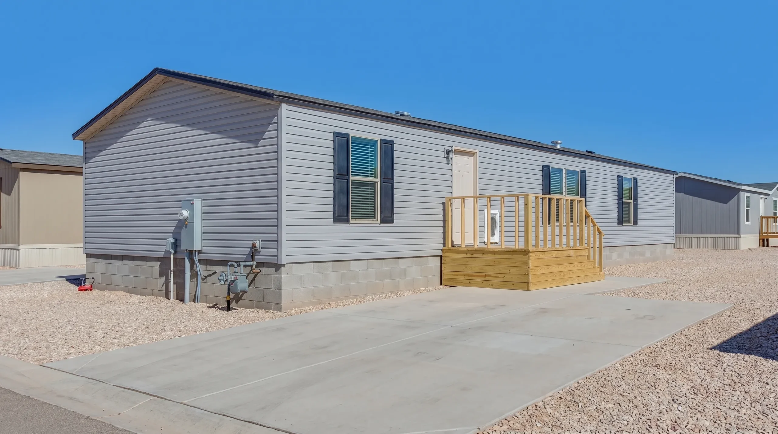 A manufactured home on a finished foundation shows the driveway, utility hookups and front porch needed for FHA financing.