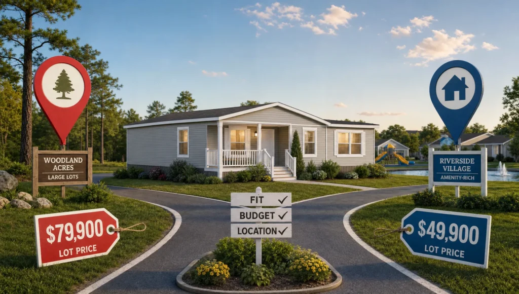 A manufactured home sits between two lot choices, suggesting a decision about fit, budget, and location.