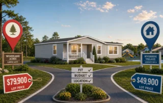 A manufactured home sits between two lot choices, suggesting a decision about fit, budget, and location.