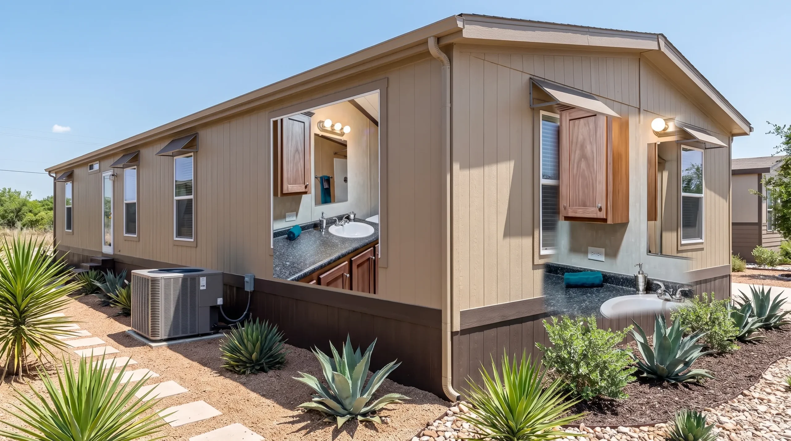 A modern doublewide manufactured home on a sunny San Antonio lot with shaded windows, neat skirting, a visible outdoor HVAC unit, and drought-tolerant landscaping around the home.