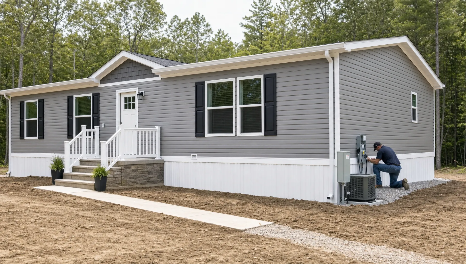 A modern manufactured home on a prepared homesite with visible skirting, a clean entryway, graded soil for drainage, and utility connections being checked near the side of the home.