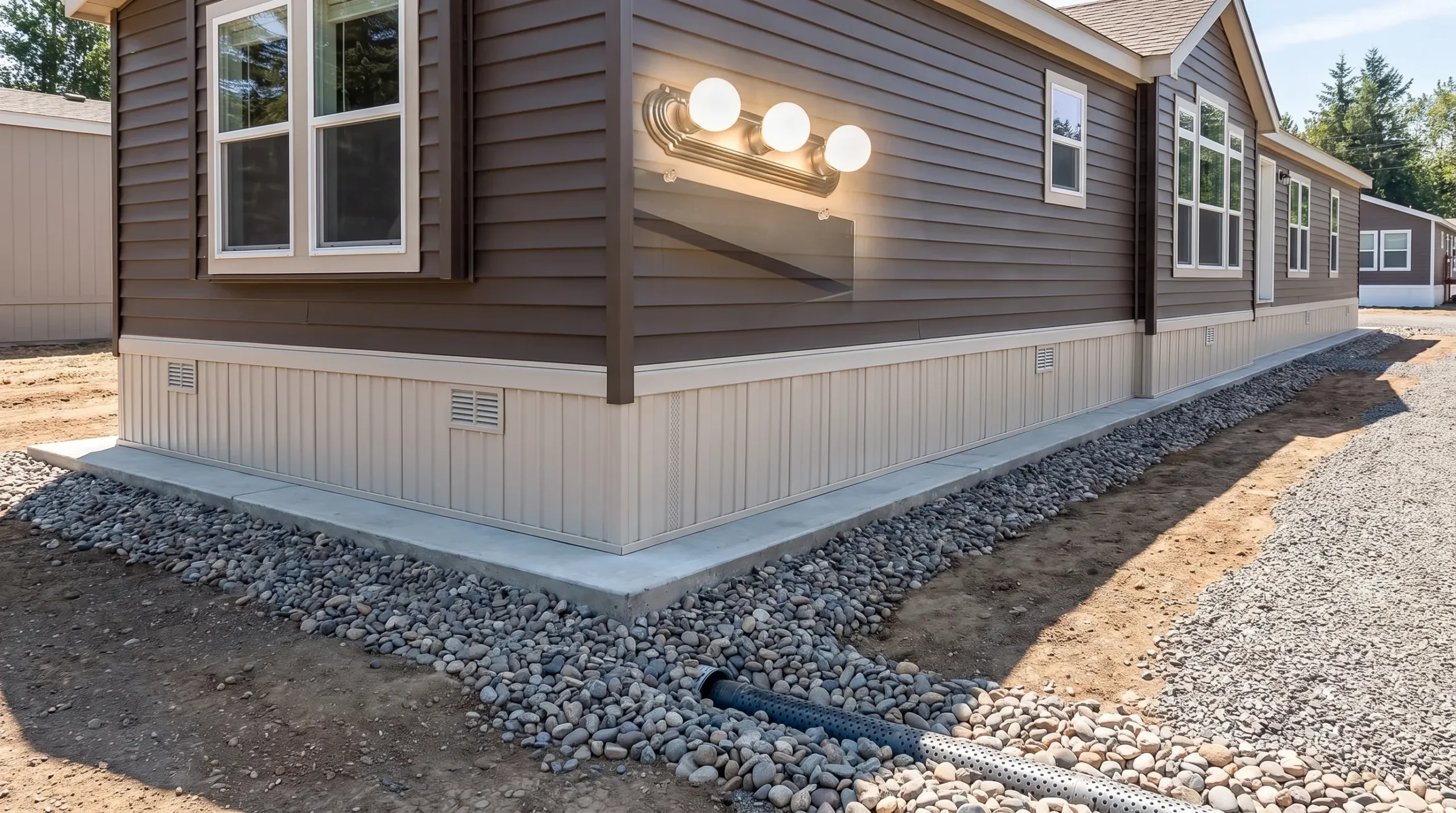 A modern manufactured home set on a prepared residential site with clean skirting, a level foundation area, gravel drainage, and open space around the home for maintenance access, with the home shown from a slight low angle to emphasize the foundation and drainage details.