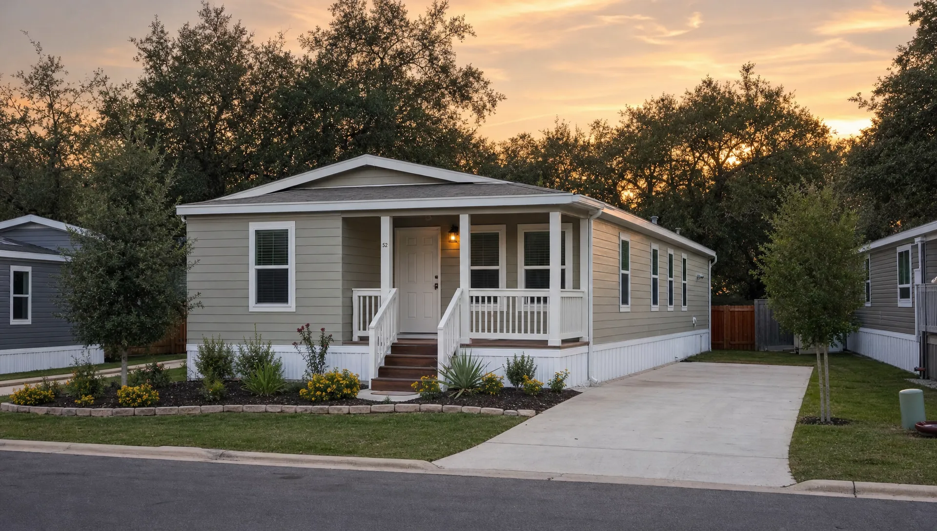 A modern singlewide manufactured home in a San Antonio area community with a small front porch, neat landscaping, a paved driveway, and warm evening light over nearby trees.