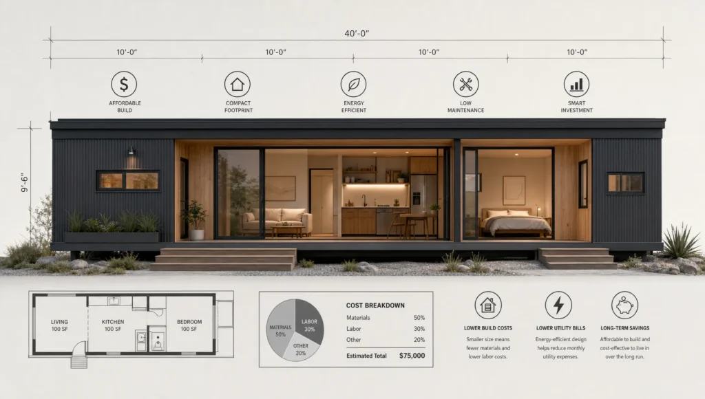 A narrow home silhouette is paired with measurement marks and cost symbols to suggest affordable single wide living.