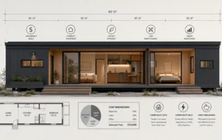 A narrow home silhouette is paired with measurement marks and cost symbols to suggest affordable single wide living.