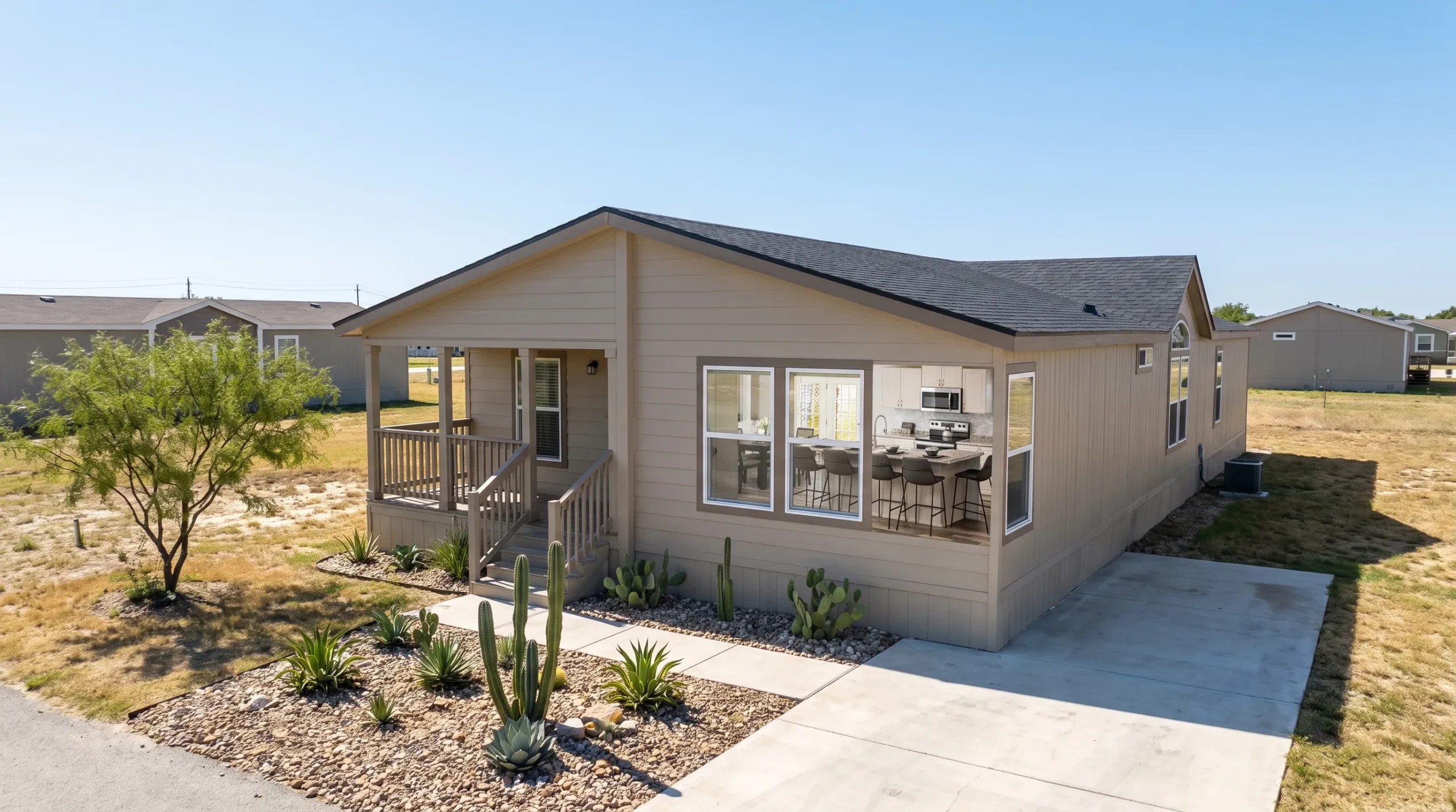 A new doublewide manufactured home in a sunny San Antonio neighborhood, shown from the front corner with a clean driveway, small porch, drought-tolerant landscaping, and open yard space around the home.