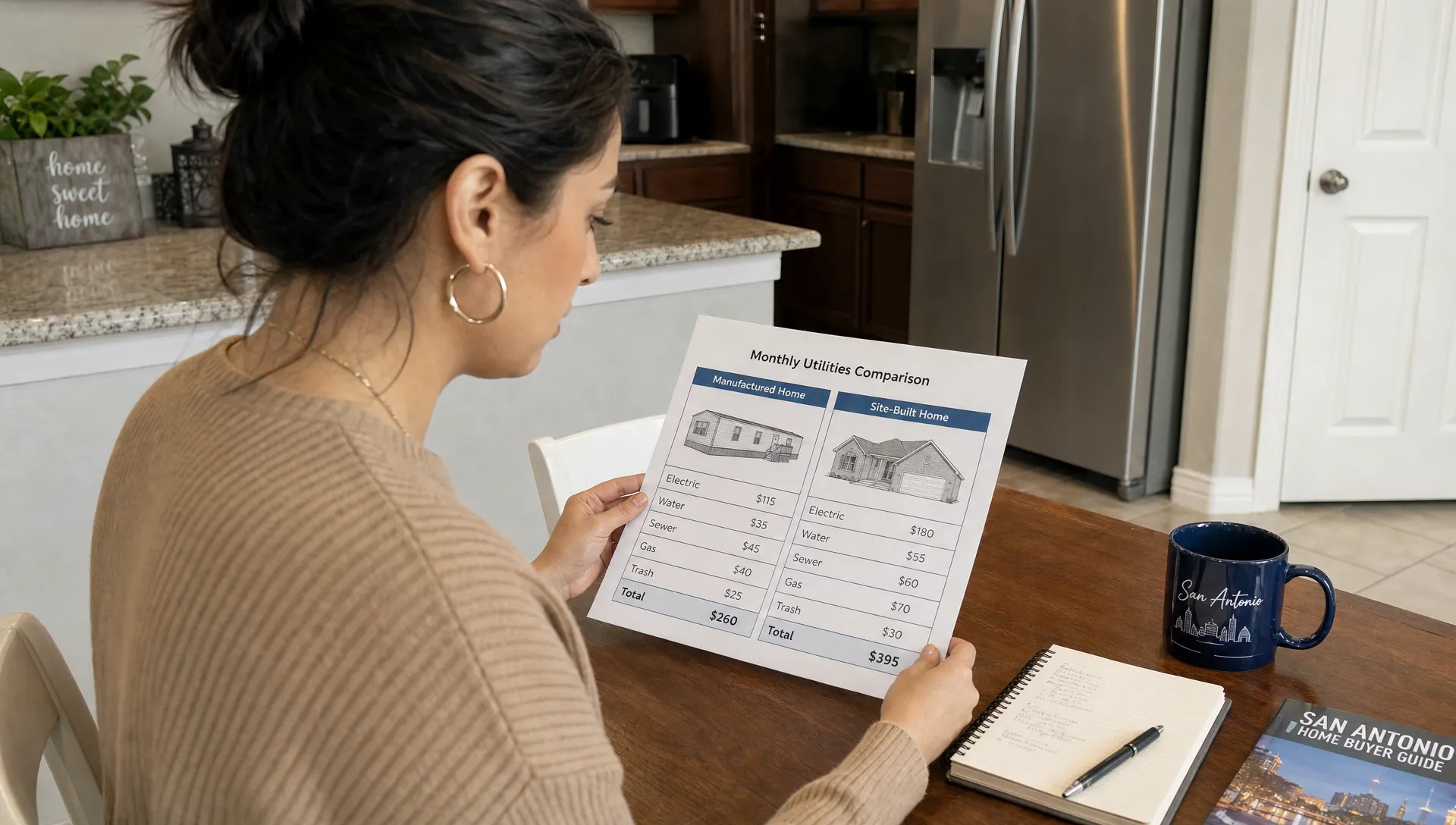 A San Antonio homebuyer reviews a side-by-side utility bill worksheet on a kitchen table with sketches of a manufactured home and a site-built home.