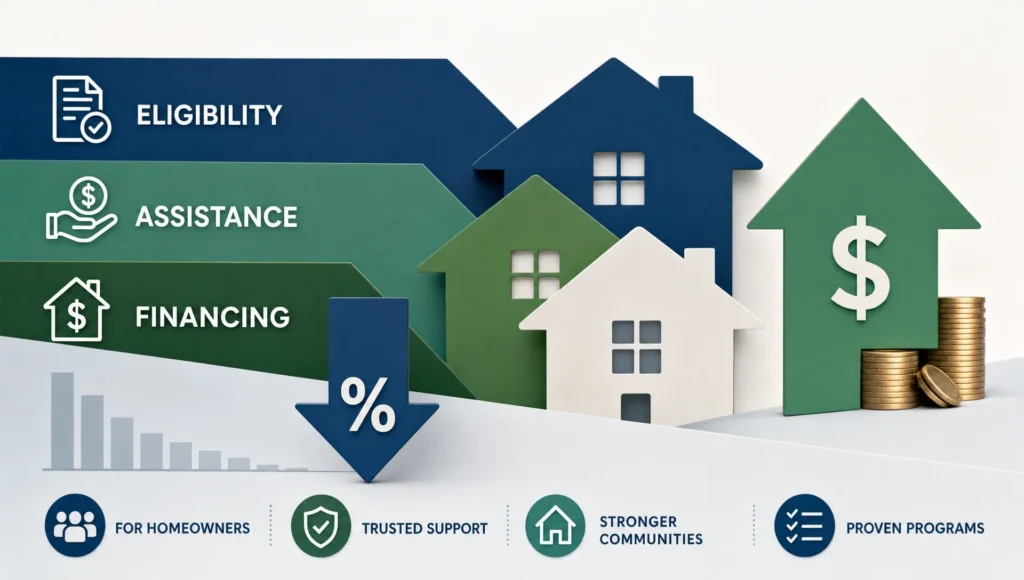 Geometric home icons and cost arrows represent Texas affordable housing programs and financing help.