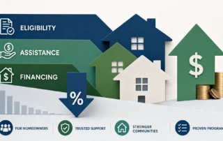 Geometric home icons and cost arrows represent Texas affordable housing programs and financing help.