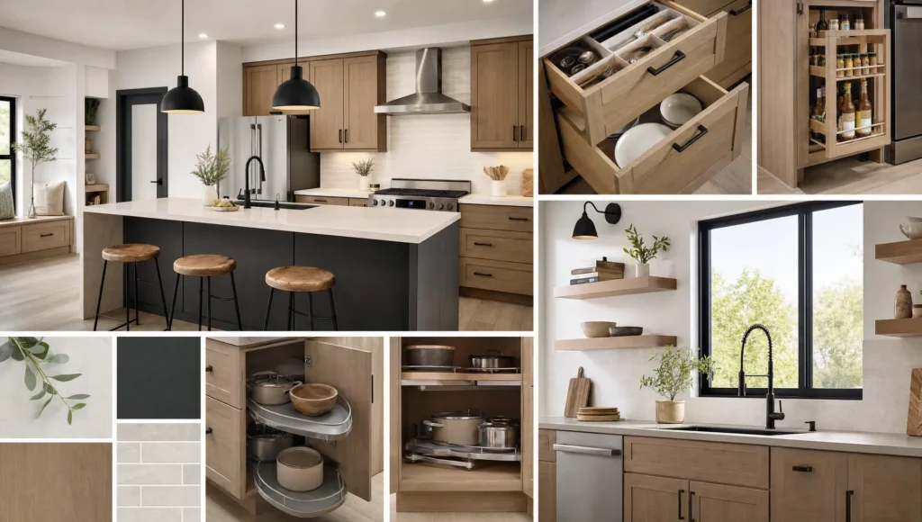 Geometric kitchen forms suggest modern manufactured home design, storage, lighting and open-plan flow.
