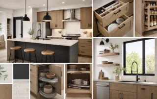 Geometric kitchen forms suggest modern manufactured home design, storage, lighting and open-plan flow.