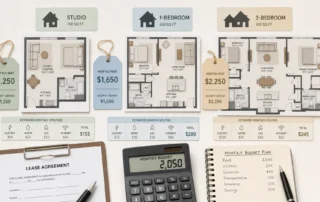 Layered floor-plan shapes, rent tags, and home silhouettes suggest comparing double wide rental costs.