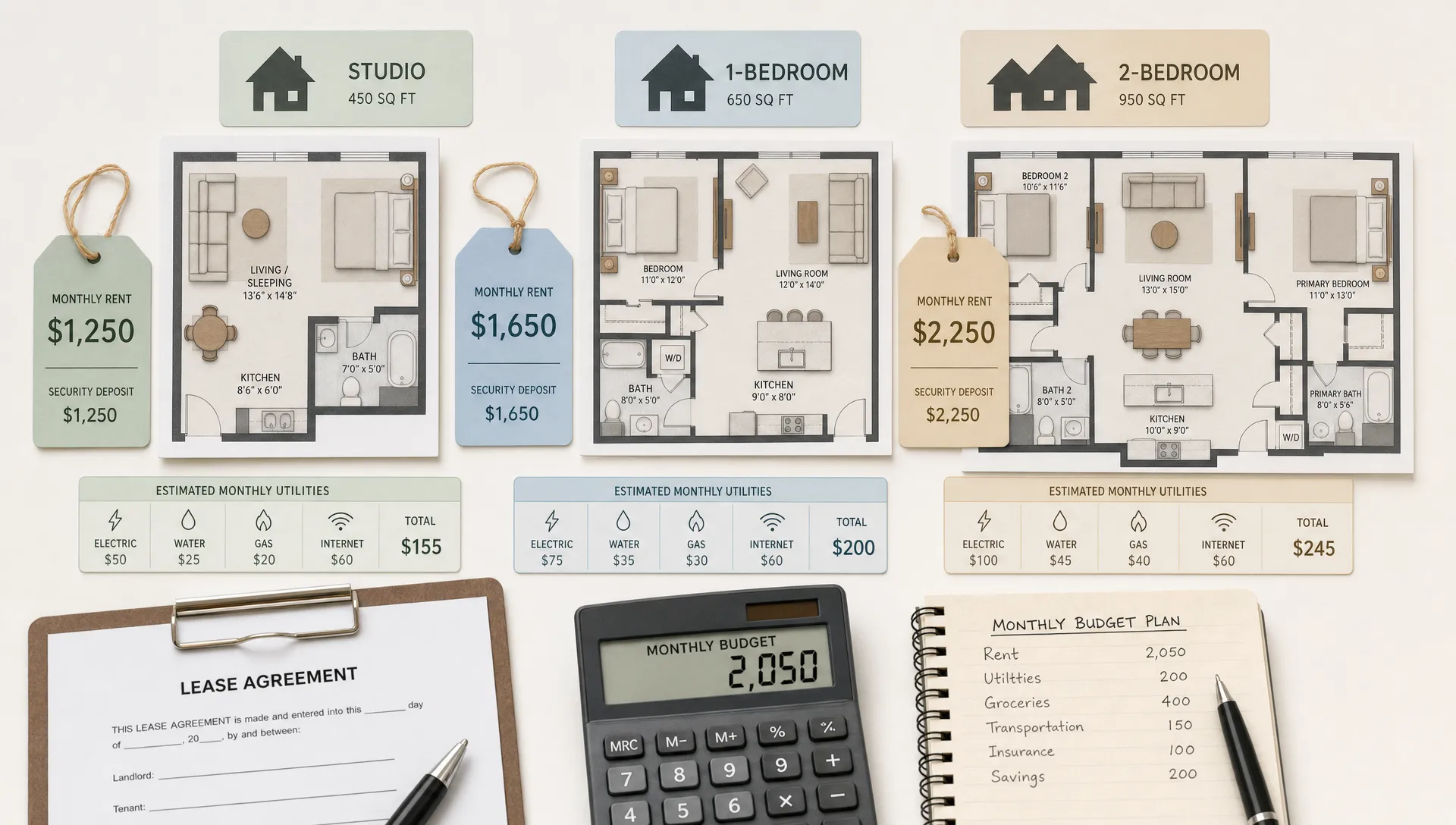 Layered floor-plan shapes, rent tags, and home silhouettes suggest comparing double wide rental costs.