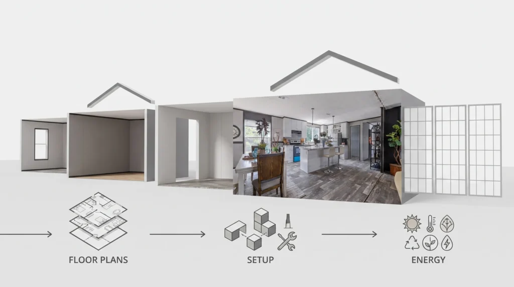 Layered home shapes, arrows, and window grids create a graphic comparison of prefab home features and costs.