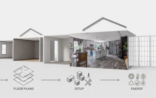 Layered home shapes, arrows, and window grids create a graphic comparison of prefab home features and costs.