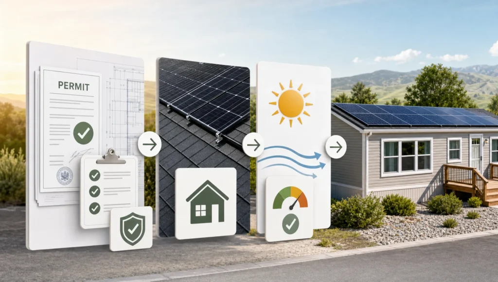 Layered roof shapes, panel blocks, and permit symbols evoke solar approval for a manufactured home.