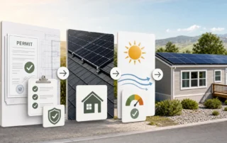 Layered roof shapes, panel blocks, and permit symbols evoke solar approval for a manufactured home.
