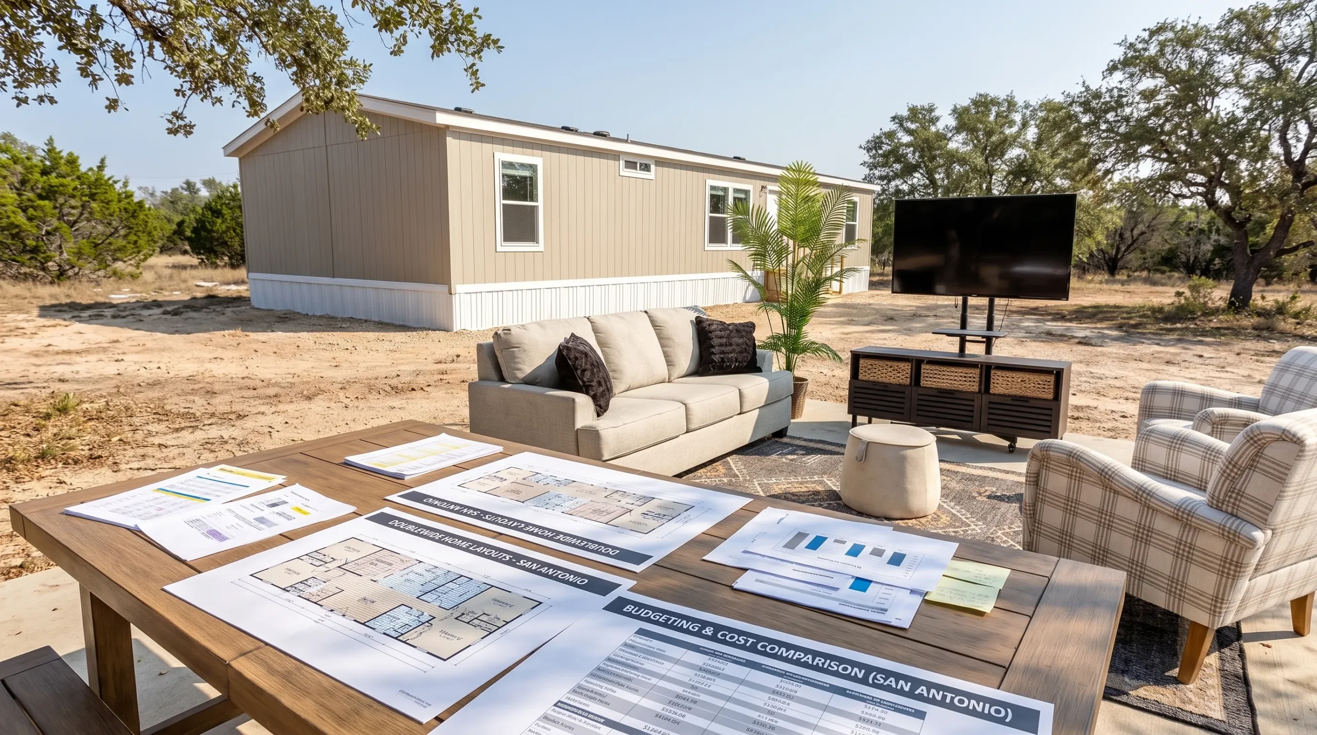 Printed floor plans on a table sit in front of a doublewide home on a San Antonio lot, showing budgeting and layout comparison.