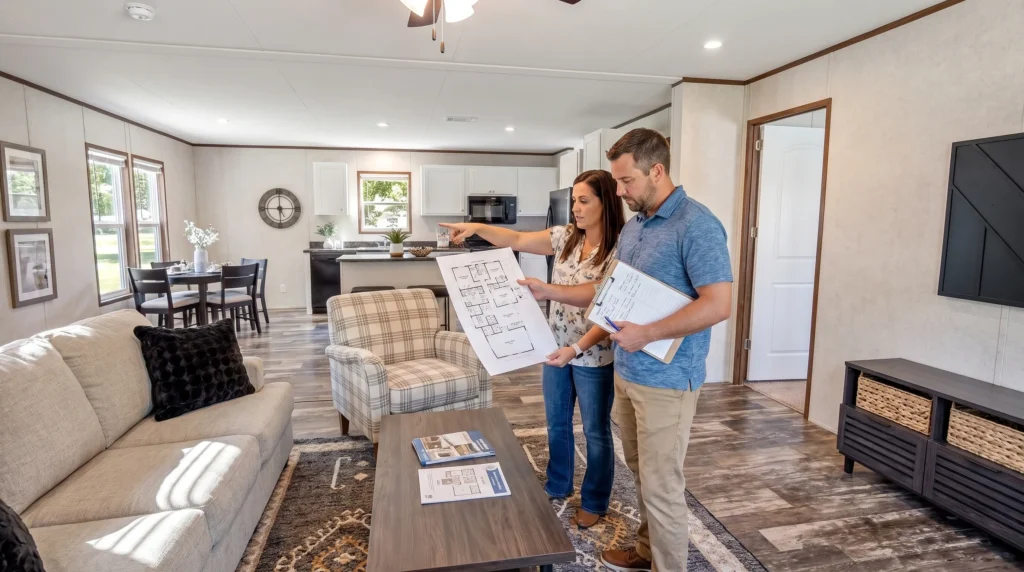 Two adults review a floor plan inside a model home while comparing room layout and budget fit.