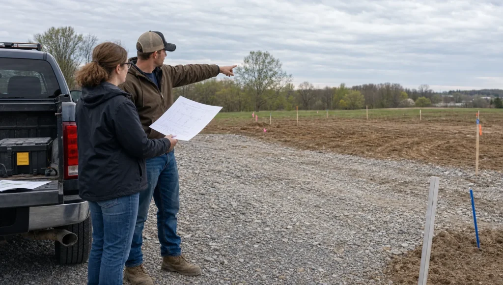Two adults review a site sketch beside a future manufactured home pad and driveway on a quiet lot.