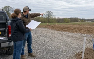 Two adults review a site sketch beside a future manufactured home pad and driveway on a quiet lot.