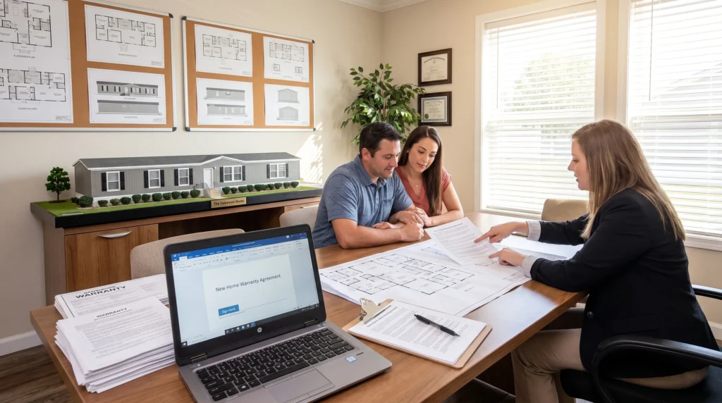 Two buyers review warranty papers with a sales associate in a home consultation room.