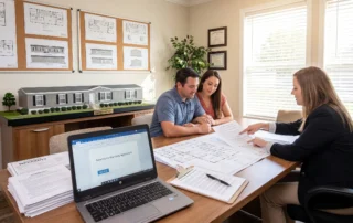 Two buyers review warranty papers with a sales associate in a home consultation room.