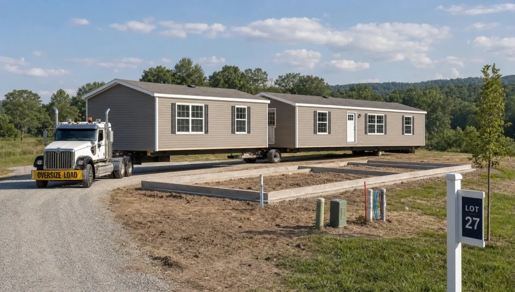Two connected home sections above a foundation outline suggest double wide prefab home installation.