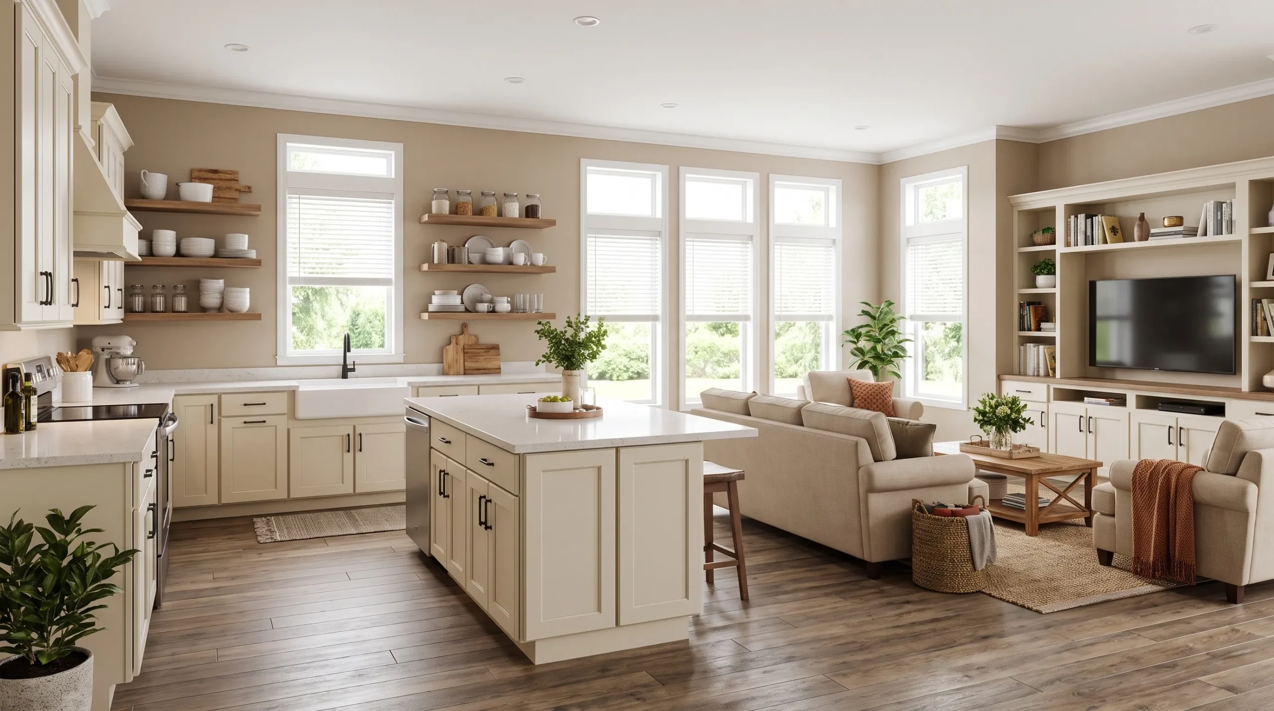 A bright manufactured home interior with an open kitchen, warm neutral finishes, large windows, durable plank flooring, and organized storage.