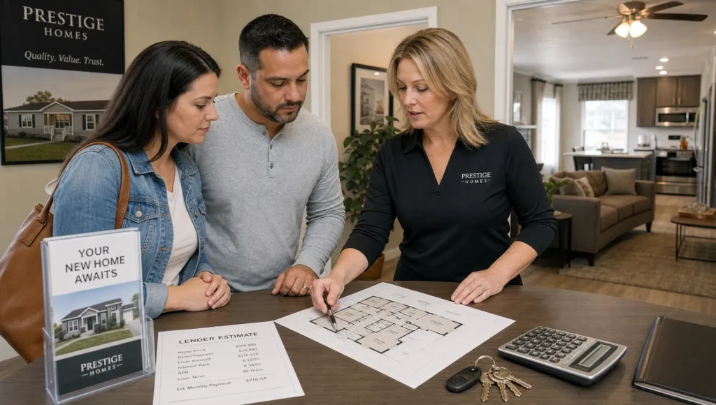 A buyer and sales associate review floor plans and lender estimates for a single wide home.