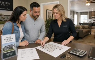 A buyer and sales associate review floor plans and lender estimates for a single wide home.