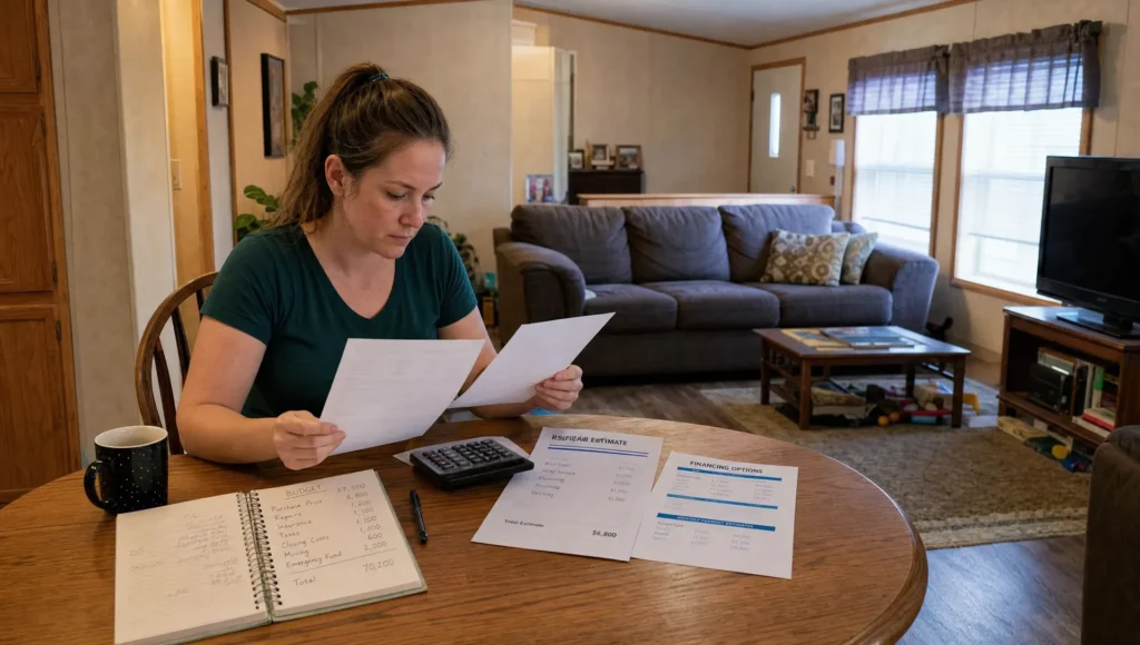 A buyer compares repair costs and financing papers inside a lived-in manufactured home.