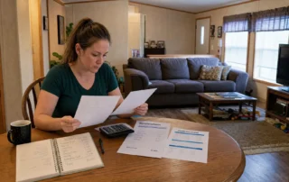 A buyer compares repair costs and financing papers inside a lived-in manufactured home.