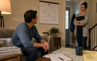 A buyer in a living room reviews housing magazines and paperwork for manufactured home financing.