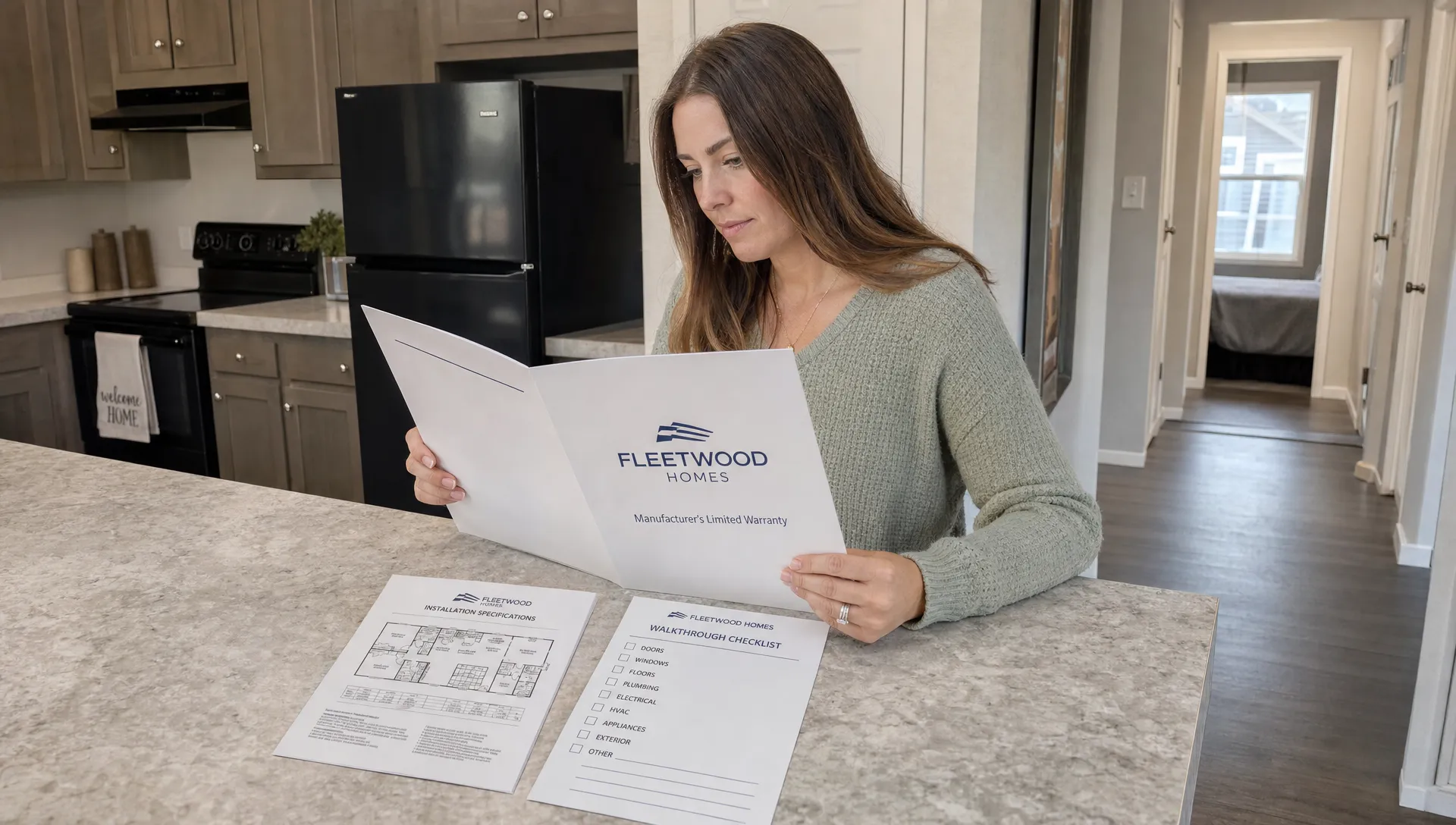A buyer reviews a Fleetwood Homes warranty folder, installation papers, and a walkthrough checklist on a kitchen counter in a new manufactured home.