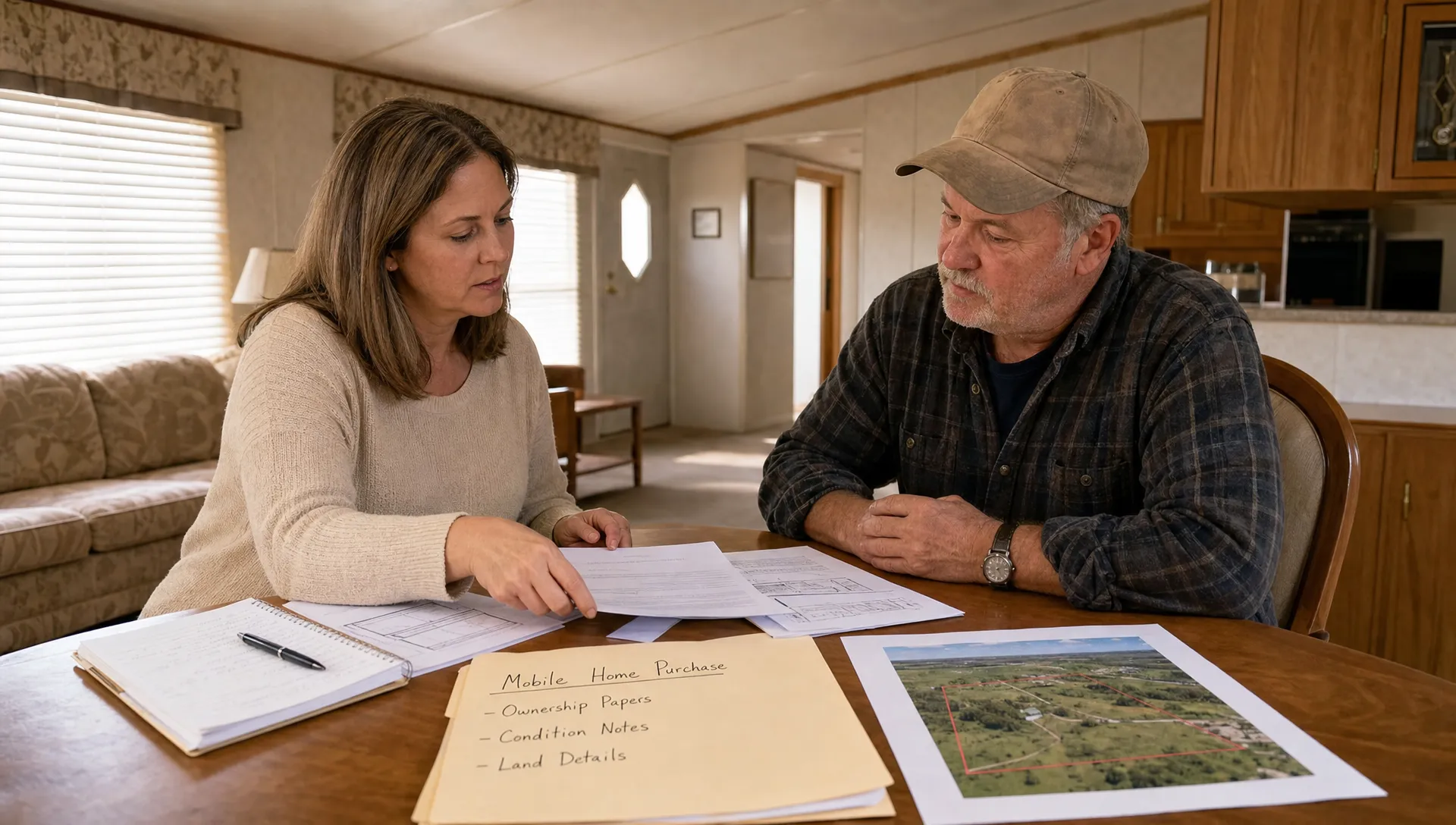A buyer reviews ownership papers, condition notes, and land details at a table while buying a mobile home from the owner.