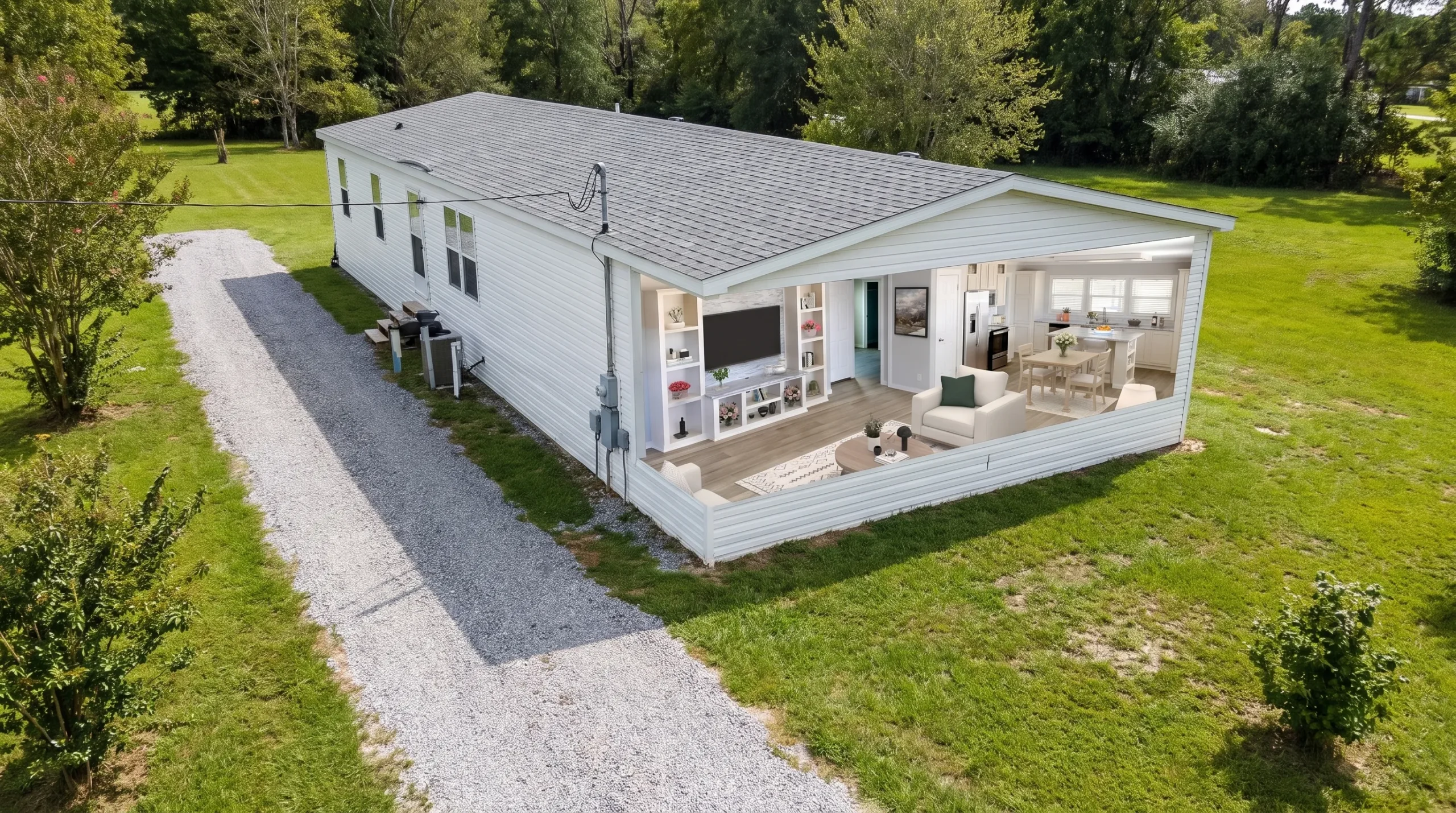 A doublewide manufactured home on private land, with a gravel drive, utility connections, and open yard space around it.