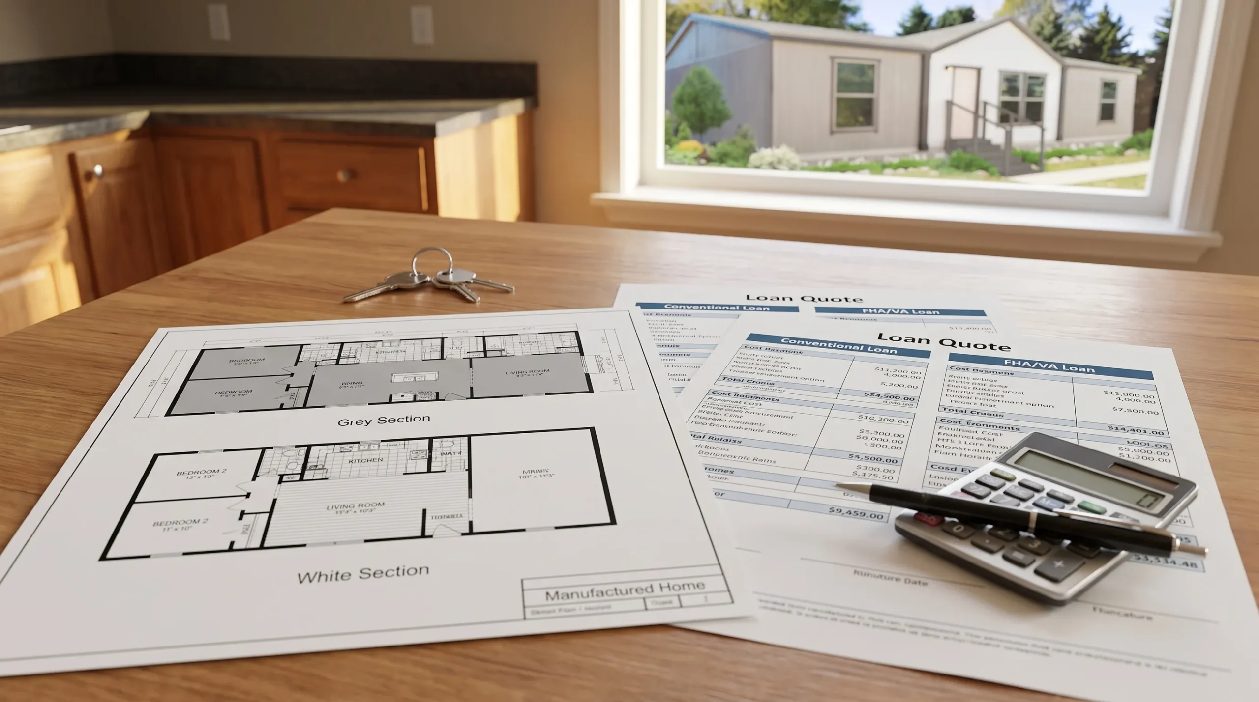 A kitchen table with floor plans, loan quote sheets, a calculator, a pen, and keys shows a practical manufactured home financing comparison.