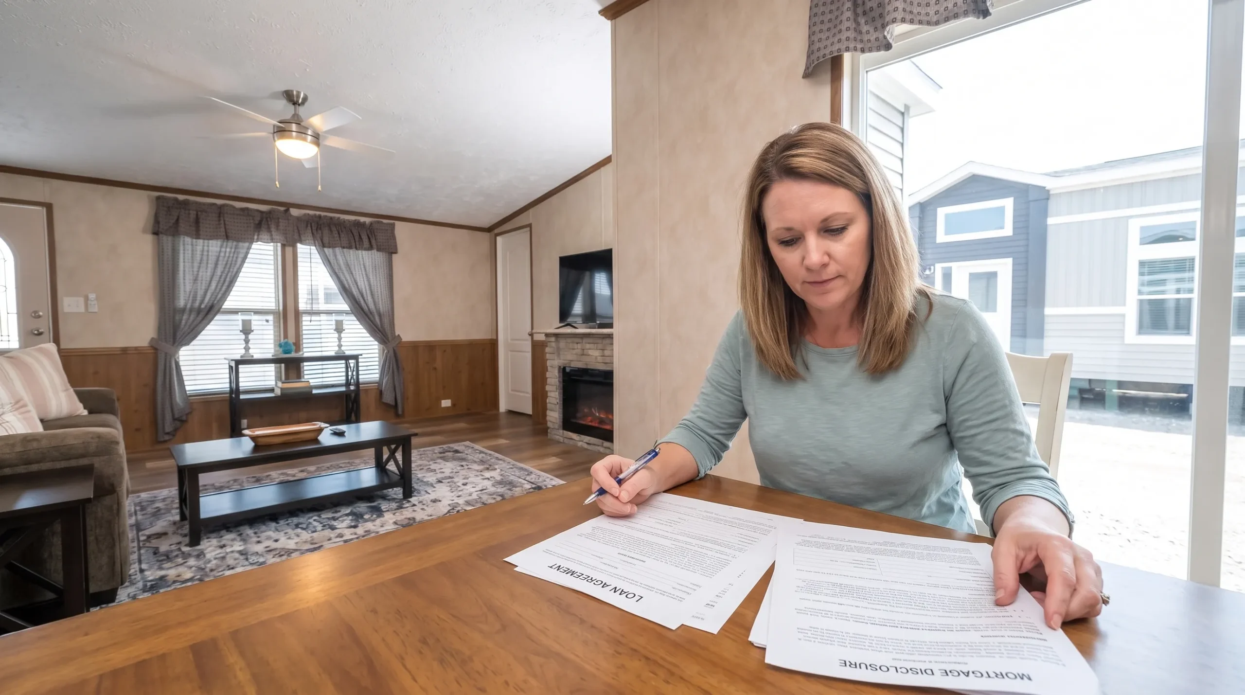 A manufactured home buyer reviews financing documents at a kitchen table while a modern home is visible through the window.