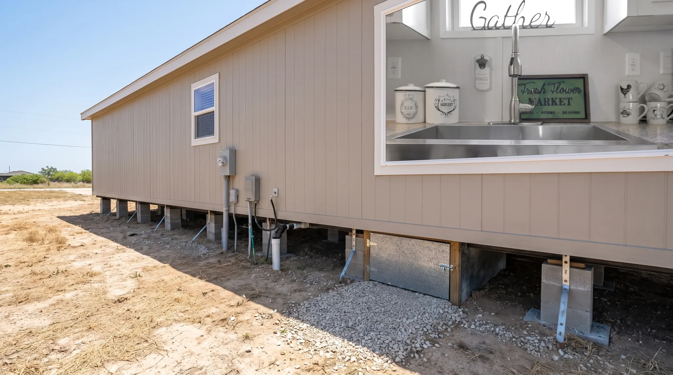 A manufactured home in Texas sits on piers with anchors, crawl-space access, utility connections, and a cleared perimeter ready for inspection.