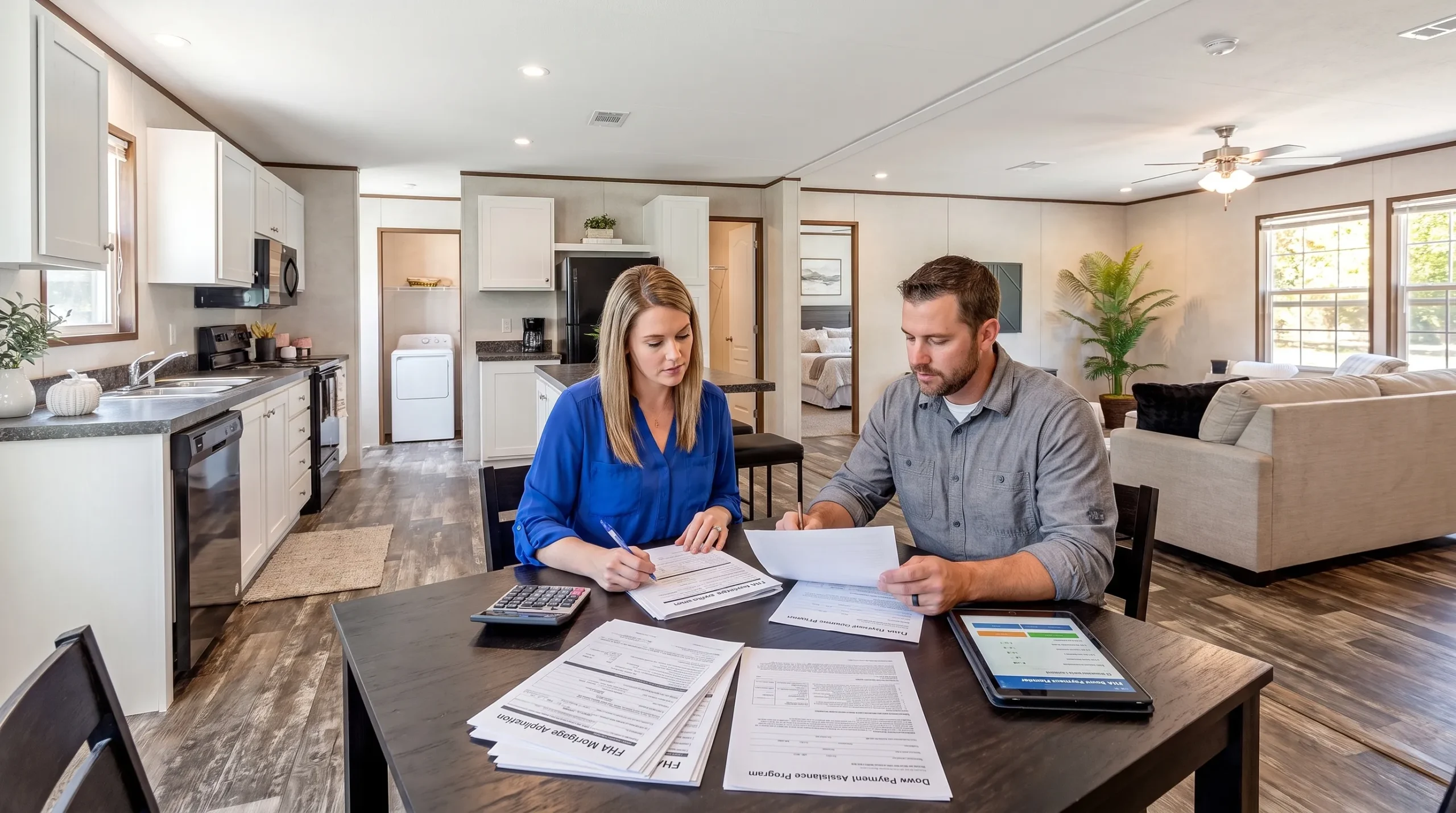 A manufactured home on a permanent foundation with adults reviewing paperwork at the kitchen table for FHA down payment planning.