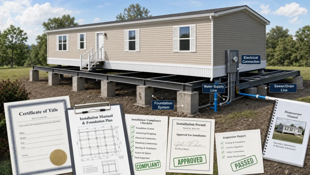 A manufactured home rests over documents, approval marks, and utility lines, showing inspection and ownership compliance.