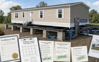 A manufactured home rests over documents, approval marks, and utility lines, showing inspection and ownership compliance.