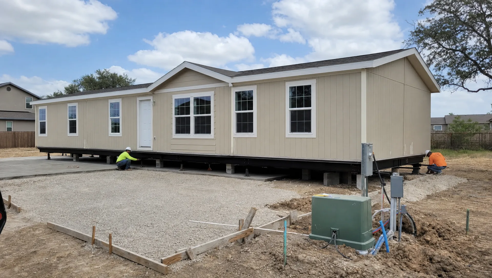 A new single wide manufactured home is being installed on a prepared lot in San Antonio as workers check the foundation and utility access.