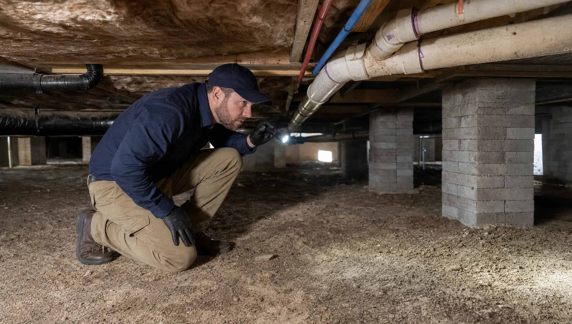 A pest inspector examines the crawlspace under a manufactured home with a flashlight, showing piers, plumbing lines, and dry soil.