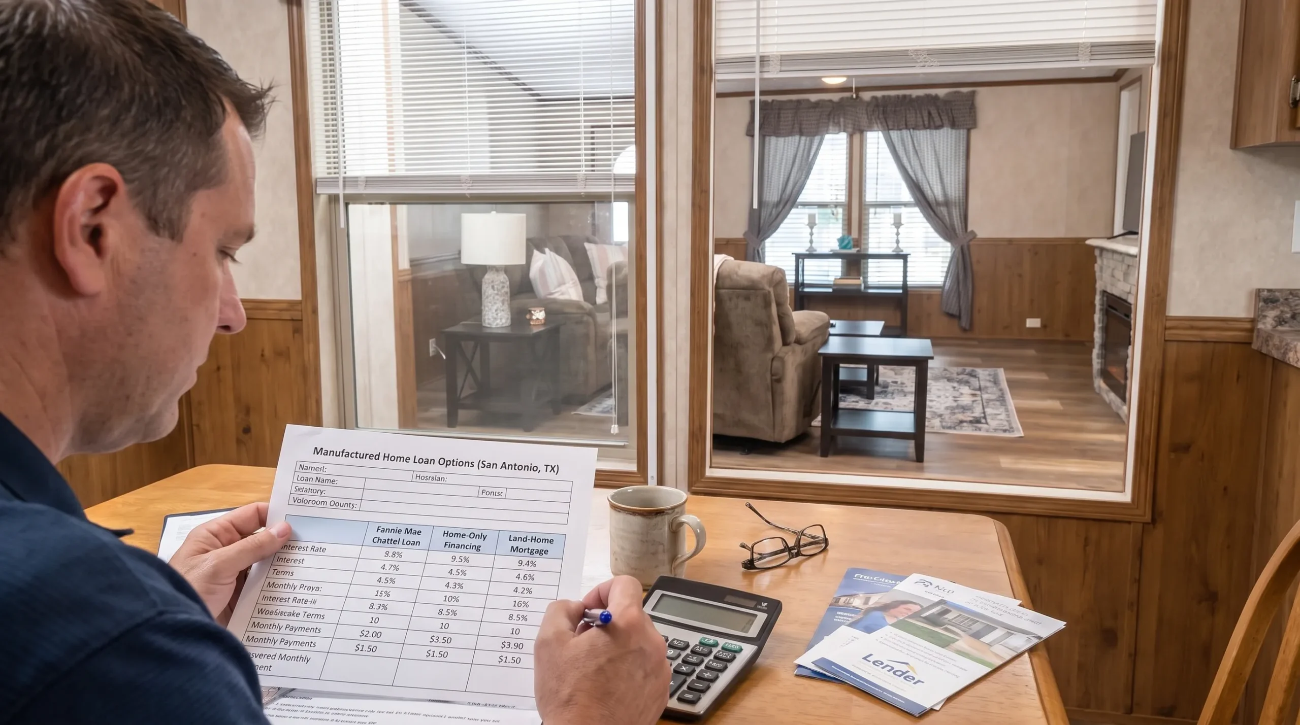 A San Antonio buyer compares Fannie Mae chattel loans with home-only financing and land-home mortgage options on a kitchen table worksheet.